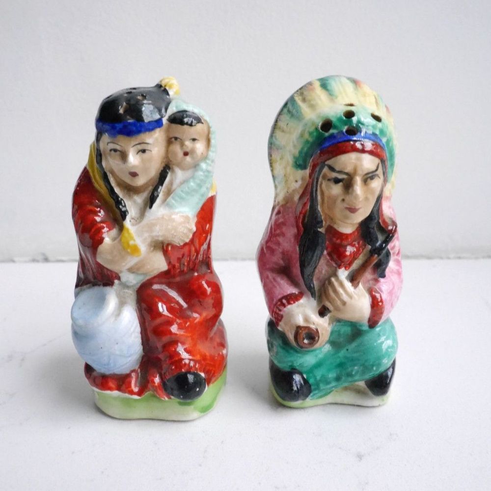 Vintage Ceramic Salt and Pepper Shaker Set - Two Native Americans